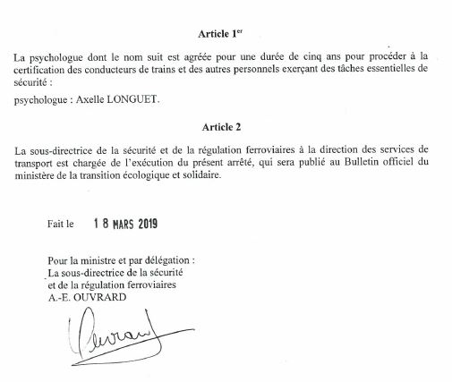 Extrait de l'agrément officiel